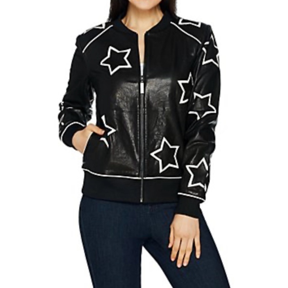 Peace Love World Black Leather Bomber Jacket with White Star Accents